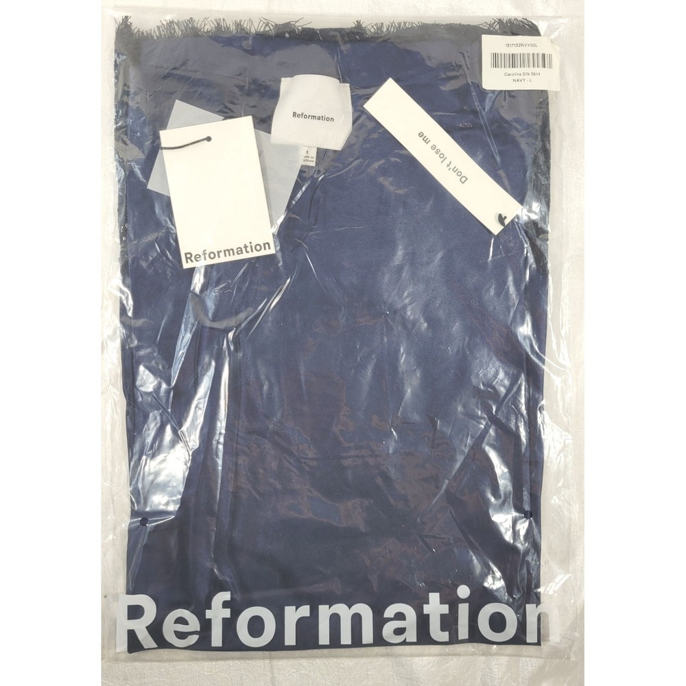 Reformation Women's Carolina 100% Silk Midi Skirt w/ Lace Hem - Navy Blue - L - Picture 4 of 5